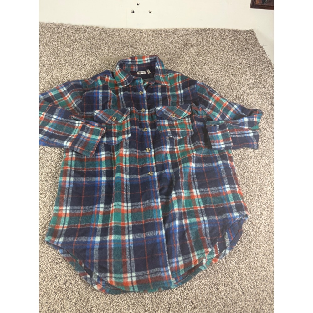 BKE‎ Womens Boyfriend Plaid Flannel Shirt Navy Green Orange Long Sleeve Medium